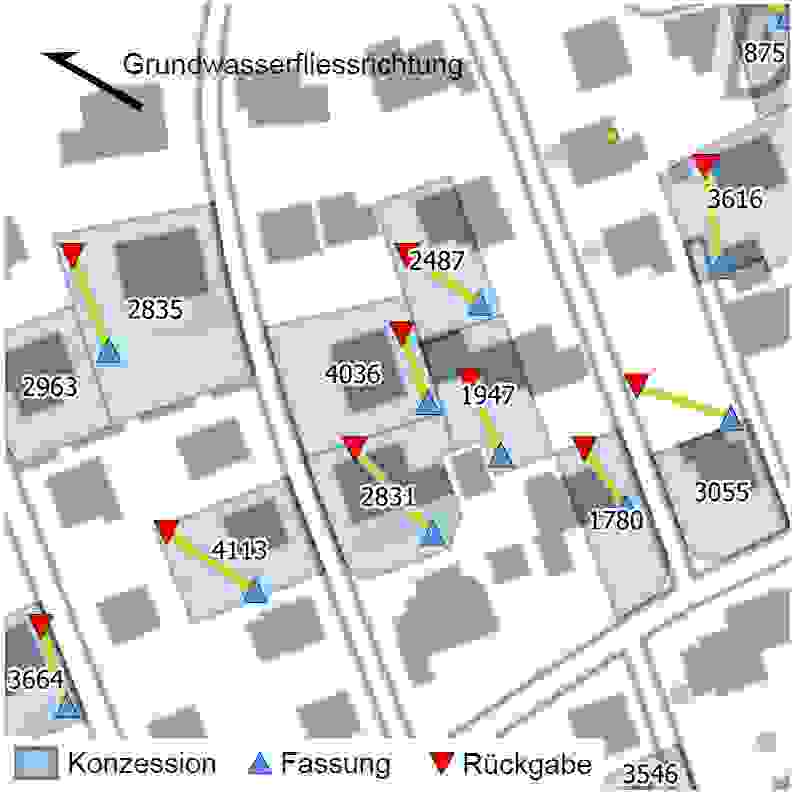 Carte représentant l’utilisation des eaux souterraines dans la zone pilote, à Münsingen.