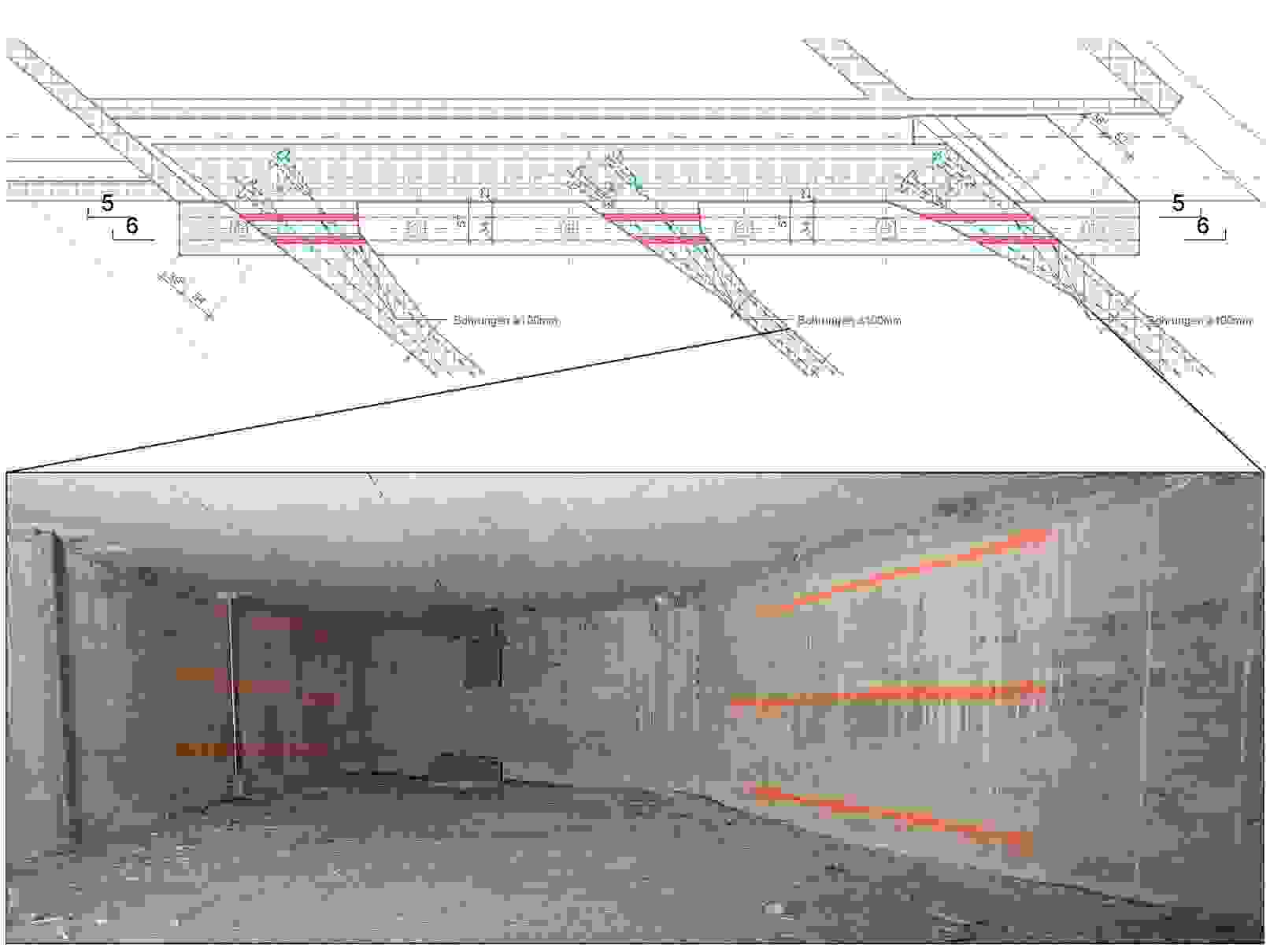 Im Bereich der Widerlager müssen vier Bohrungen durch alle drei Längsträger ausgeführt werden (rot im Grundriss eingefärbt). Die bestehenden Spannkabel (grün im Grundriss, orange im Foto) dürfen dabei keinesfalls beschädigt werden.