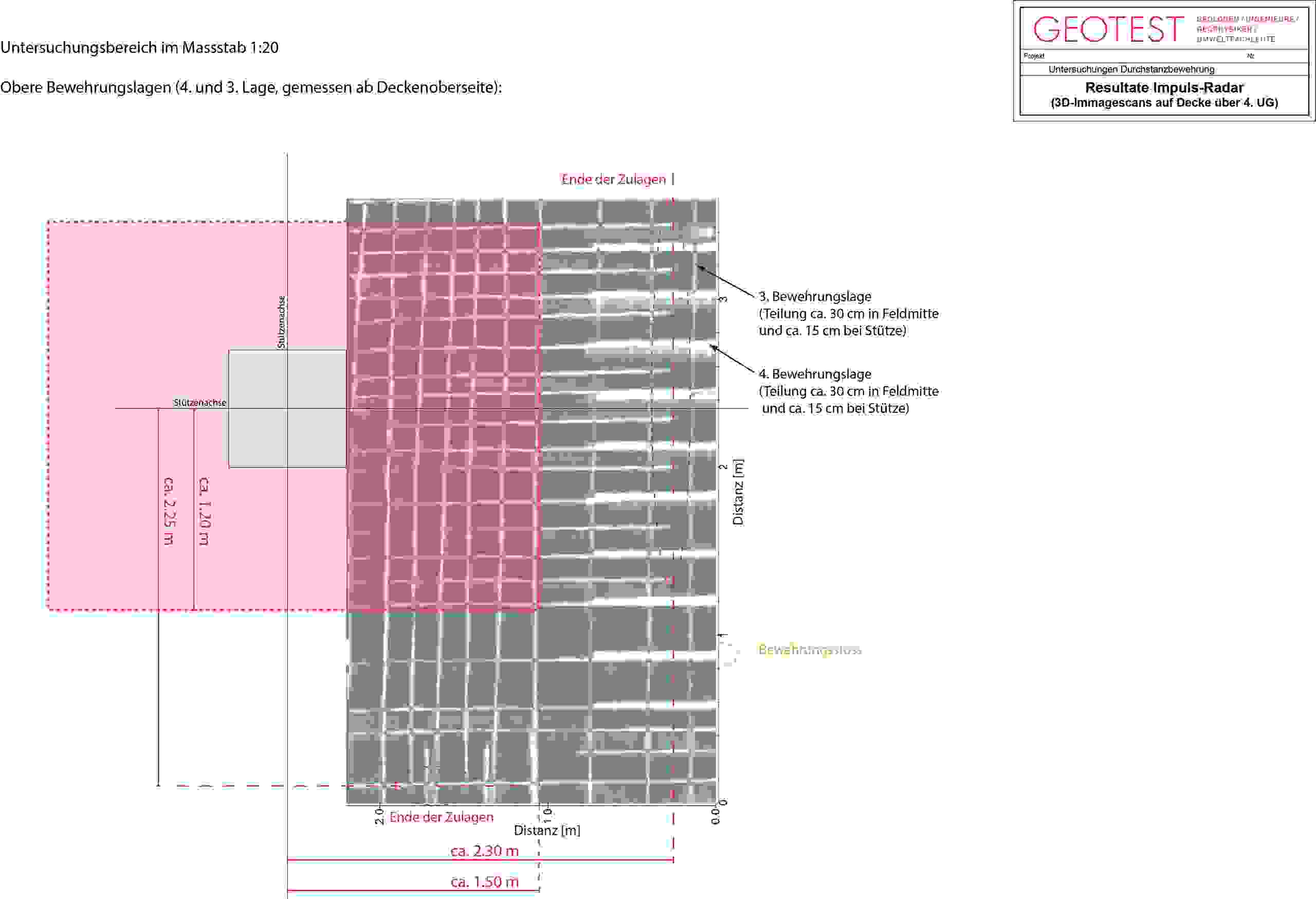 La visualisation des deux couches d’armature supérieures fait apparaître clairement le nombre, la position et la longueur des supports dans la zone des piliers.