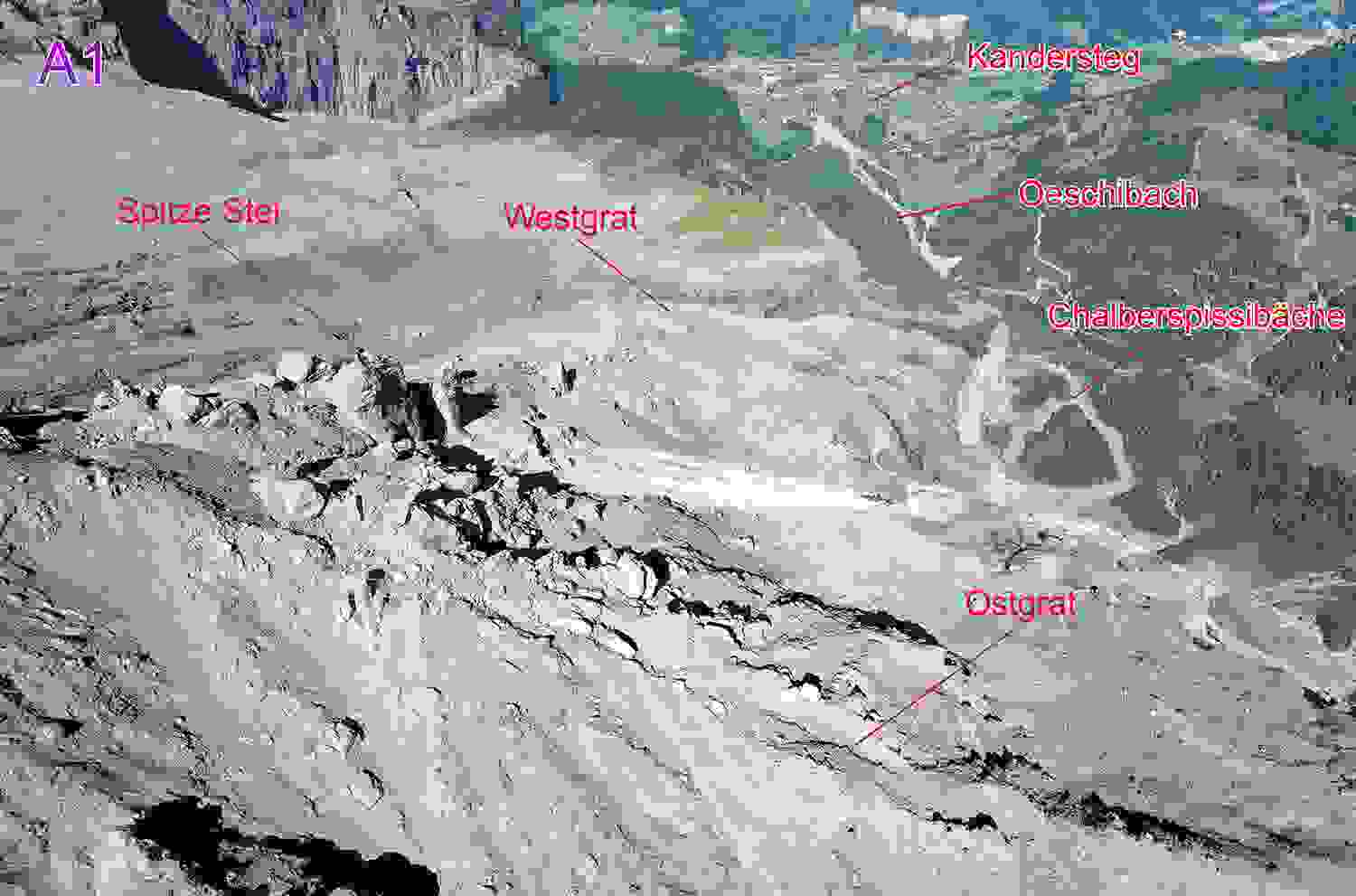 Image de drone du glissement au sud-est de l'arête. 