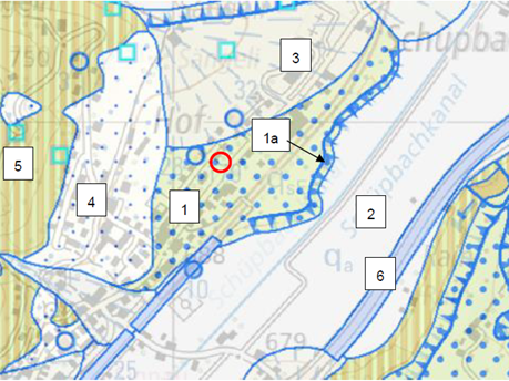 Ausschnitt aus der geologischen Karte. Legende: 1 = Emmental-Schotter, 1a = Terrassenkante, 2 = Alluvion, 3 = Bachschutt, 4 = Hangschutt, 5 = Obere Meeresmolasse unter geringmächtiger Lockergesteinsbedeckung, 6 = künstliche Auffüllung, roter Kreis = Projektparzelle