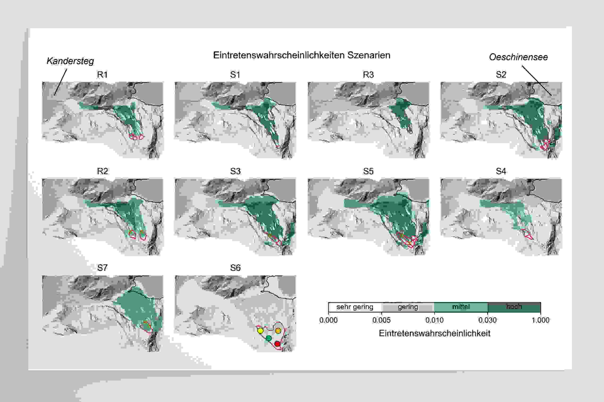 Wirkungsräume für den Prozess Sturz für die zehn Haupt-Abbruchszenarien. Die roten Linien begrenzen die Abbruchgebiete am Spitze Stei, die grünen Flächen die betroffenen Auslaufbereiche. Oben rechts befindet sich der Oeschinensee, oben links das Siedlungsgebiet von Kandersteg. Die Eintretenswahrscheinlichkeit bezieht sich auf den Zeitraum der nächsten 10 Jahre. Die farbigen Punkte im untersten Panel dienen dem Vergleich mit den weiteren Animationen und Abbildungen.