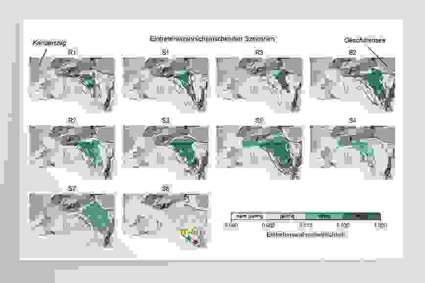 Afin d'évaluer le risque d'écroulement à Spitze Stei et d'étudier les scénarios possibles en fonction de leur probabilité, GEOTEST réalise un grand nombre de simulations.  