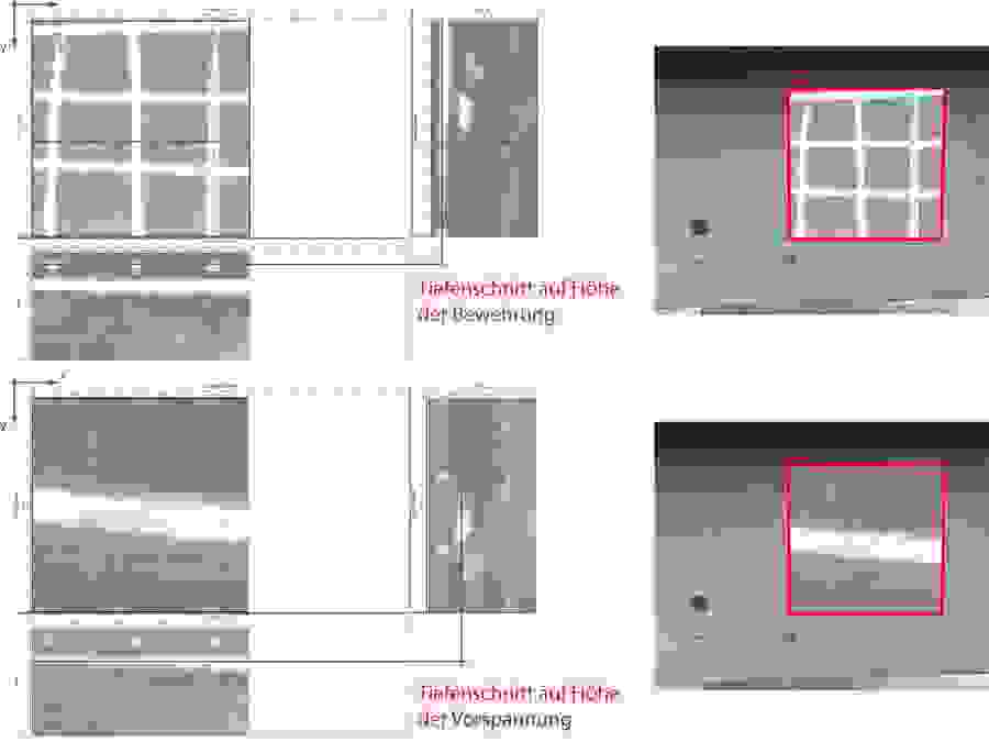 Die Datenaufnahme erfolgt entlang eines regelmässigen Messrasters (10x10cm). Die Resultate der unterschiedlichen Tiefenschichten mit schlaffer Bewehrung (vorne) und Vorspannkabel (hinten).