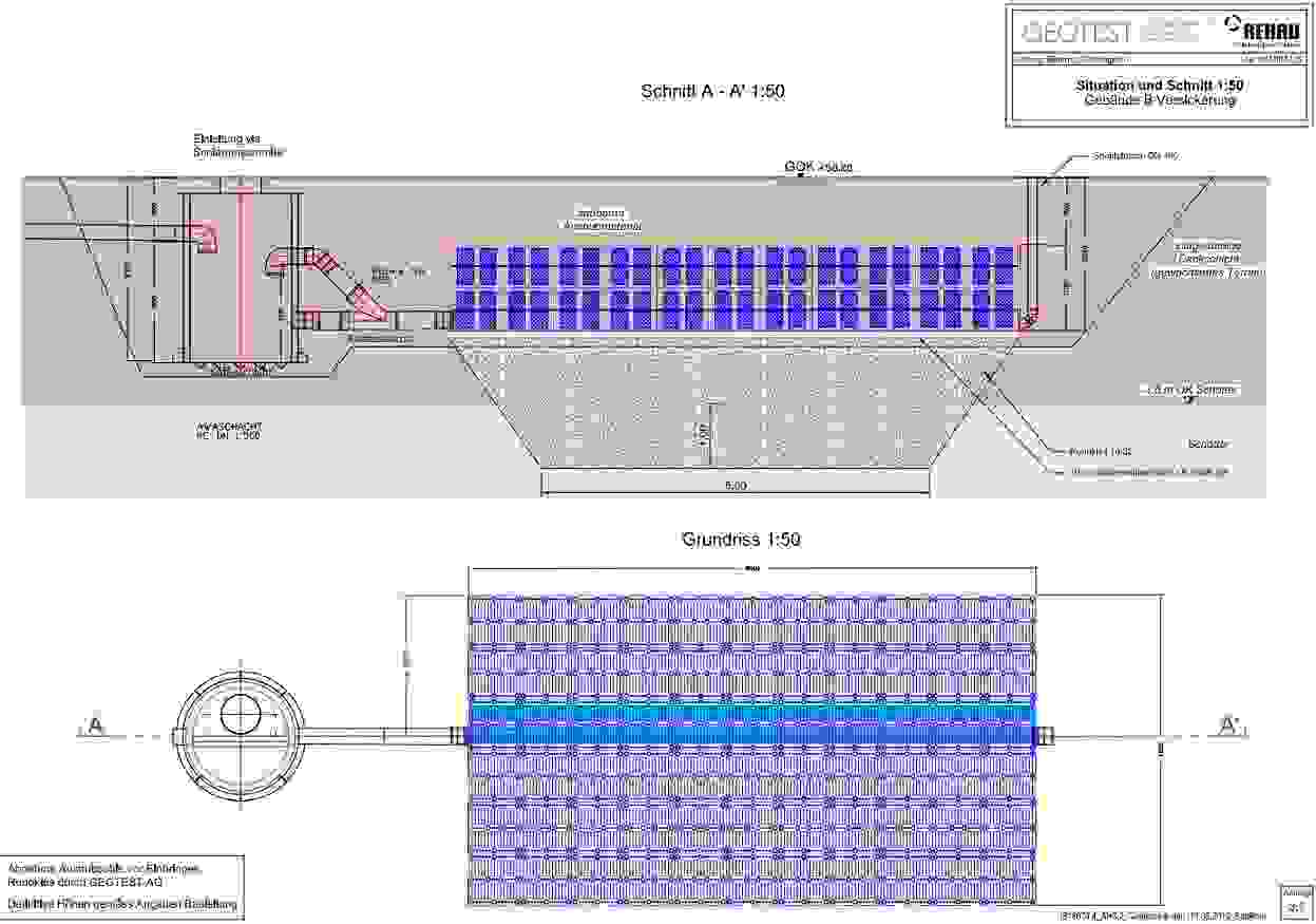Schemaskizze der Versickerungsanlage des Gebäudes B mittels Versickerungs-/Speicherboxensystem.