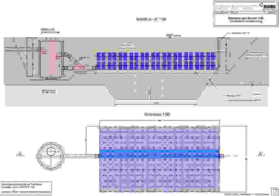 Schemaskizze der Versickerungsanlage des Gebäudes B mittels Versickerungs-/Speicherboxensystem.