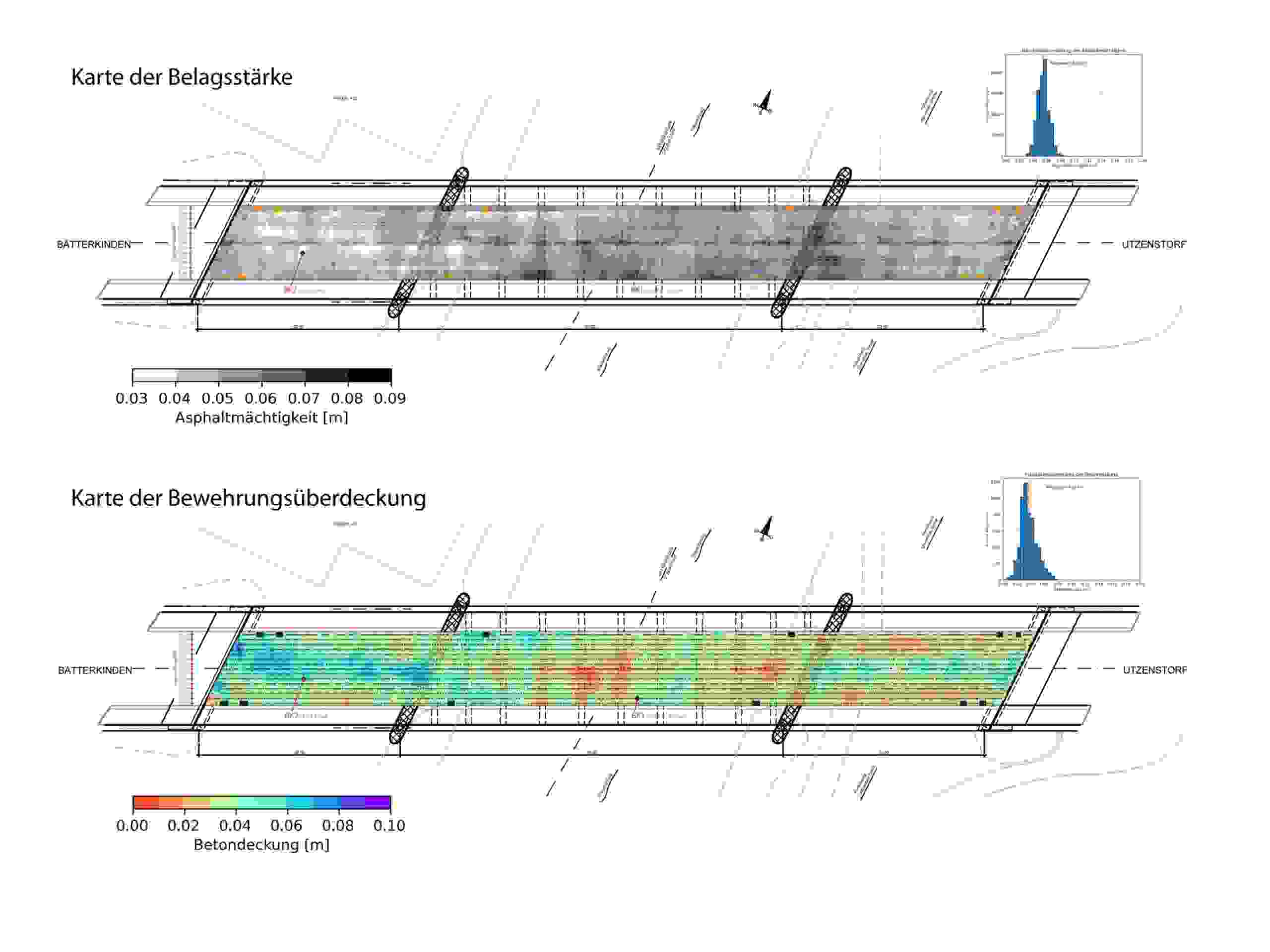 Les données ainsi collectées ont permis de calculer et de cartographier l’épaisseur du revêtement ainsi que l’enrobage de béton de l’armature sur l’ensemble de la surface.
