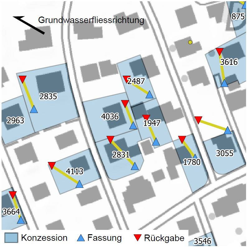 Map of current groundwater use in the Münsingen pilot area. Map of current groundwater use in the Münsingen pilot area.