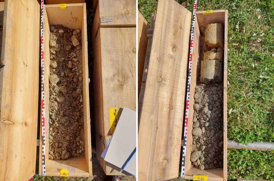 Hydrogeologische Vorerkundung  Links: Schotterkörper in 13-14 m Tiefe. Rechts: Übergang vom Schotter zum Molassefelsen in 29 – 30 m Tiefe.