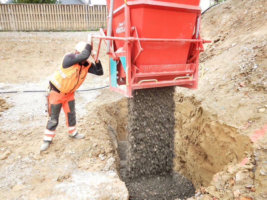 Remblayage d’une excavation au moyen de gravier filtrant, grâce auquel l’eau à évacuer est guidée vers la couche graveleuse natu-relle sans être retenue par la couche de couverture peu perméable.
