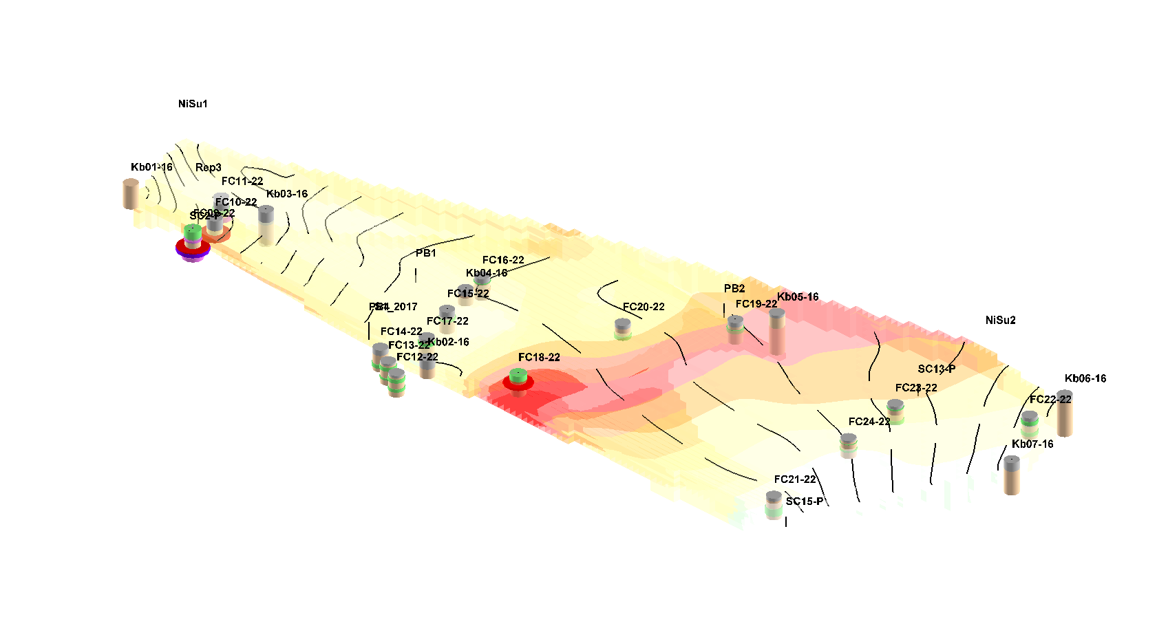 Isopièzes de l’eau souterraine et modèle 3D de la pollution des matériaux solides et de l’eau souterraine (panache de pollution). Isopièzes de l’eau souterraine et modèle 3D de la pollution des matériaux solides et de l’eau souterraine (panache de pollution).