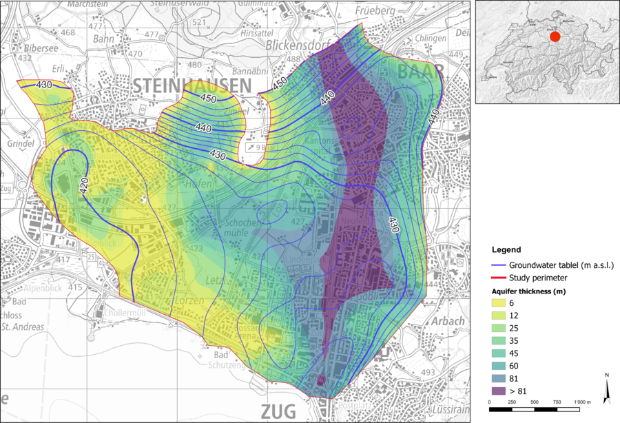 Grundwasserspiegel und Mächtigkeit des tiefen Grundwasservorkommens mit Untersuchungsperimeter. Grundwasserspiegel und Mächtigkeit des tiefen Grundwasservorkommens mit Untersuchungsperimeter.