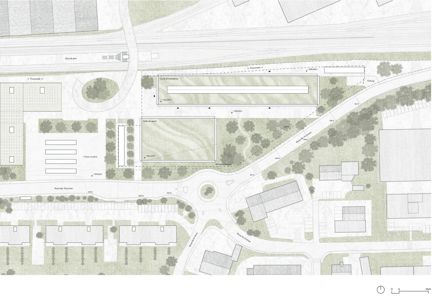 The plan drawn up by the architects at Atelier MARCH SA shows the location of the planned buildings directly between the road and the railway line. The plan drawn up by the architects at Atelier MARCH SA shows the location of the planned buildings directly between the road and the railway line.