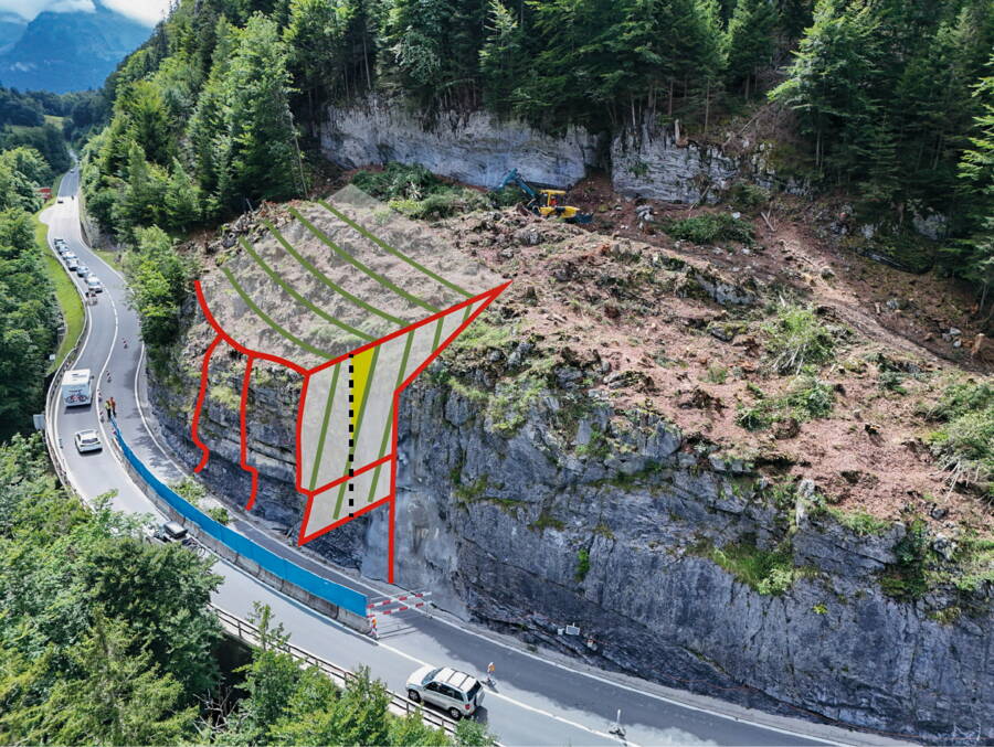 Die fast vertikalen Kluftstrukturen (grün) in Kombination mit den fast horizontalen Schichtungen (rot gestrichelt) verursachen Instabilitäten in der Felswand. Die fast vertikalen Kluftstrukturen (grün) in Kombination mit den fast horizontalen Schichtungen (rot gestrichelt) verursachen Instabilitäten in der Felswand.