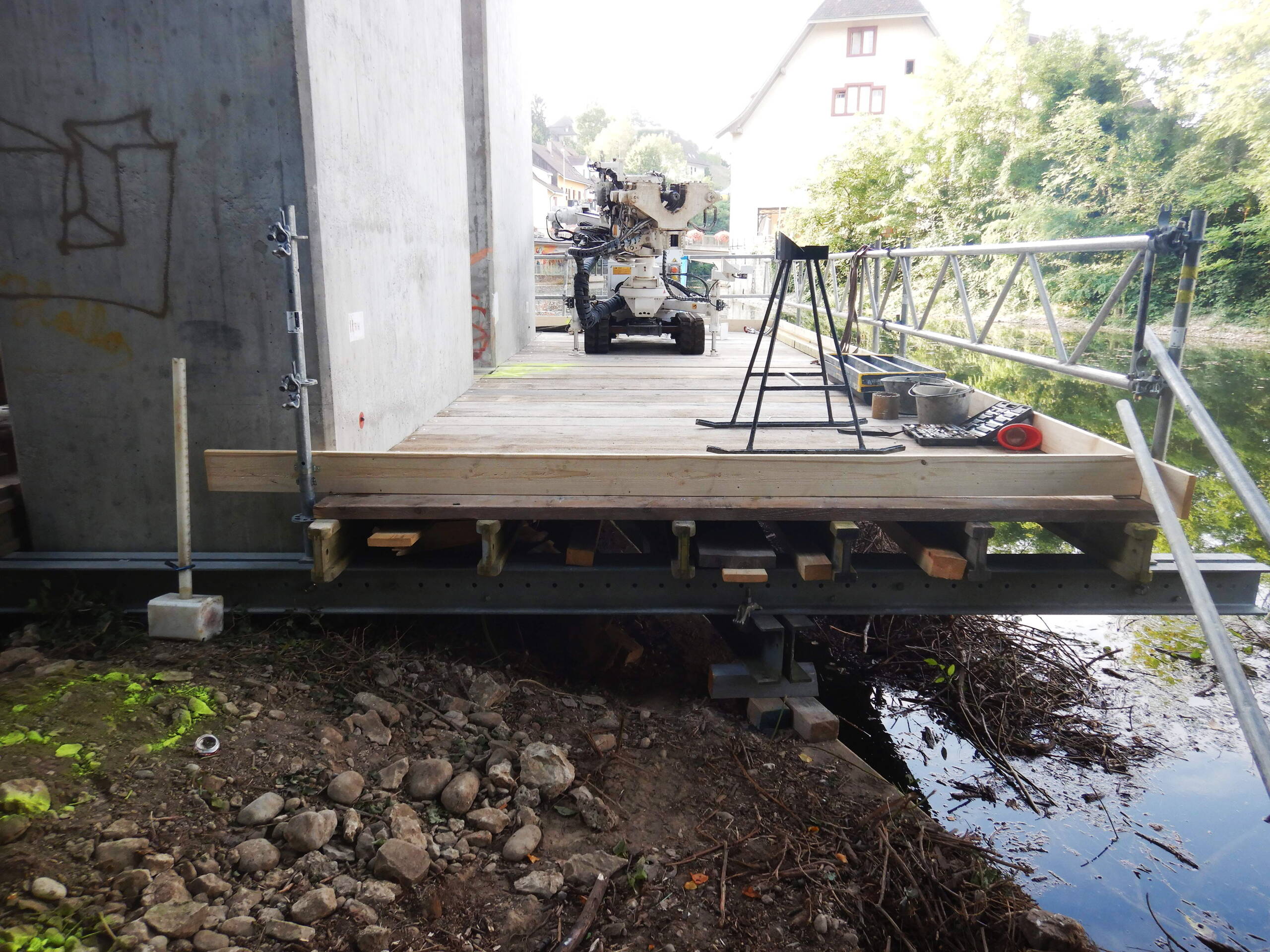 Temporary work platform for drilling and pile driving. Temporary work platform for drilling and pile driving.