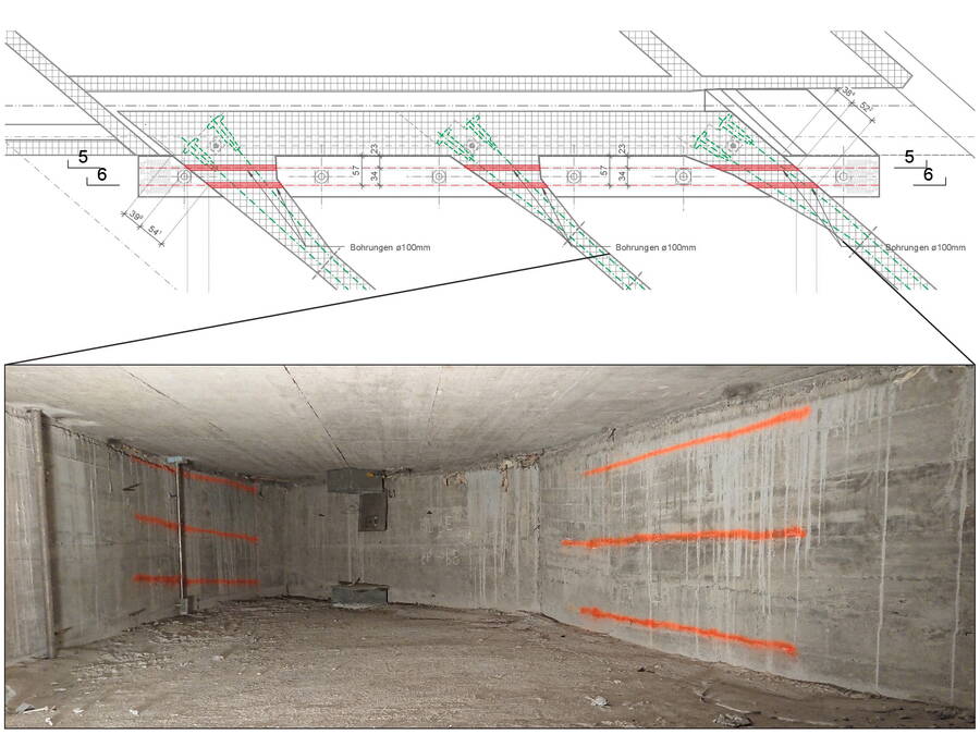 Im Bereich der Widerlager müssen vier Bohrungen durch alle drei Längsträger ausgeführt werden (rot im Grundriss eingefärbt). Die bestehenden Spannkabel (grün im Grundriss, orange im Foto) dürfen dabei keinesfalls beschädigt werden.