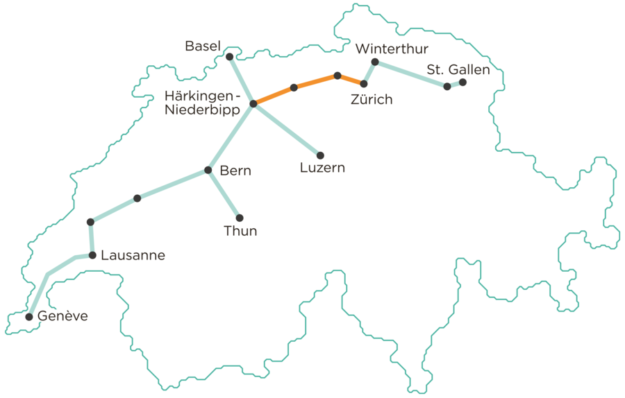 The planned Cargo sous terrain network. The first section from Härkingen-Niederbipp to Zurich is shown in orange. The planned Cargo sous terrain network. The first section from Härkingen-Niederbipp to Zurich is shown in orange.