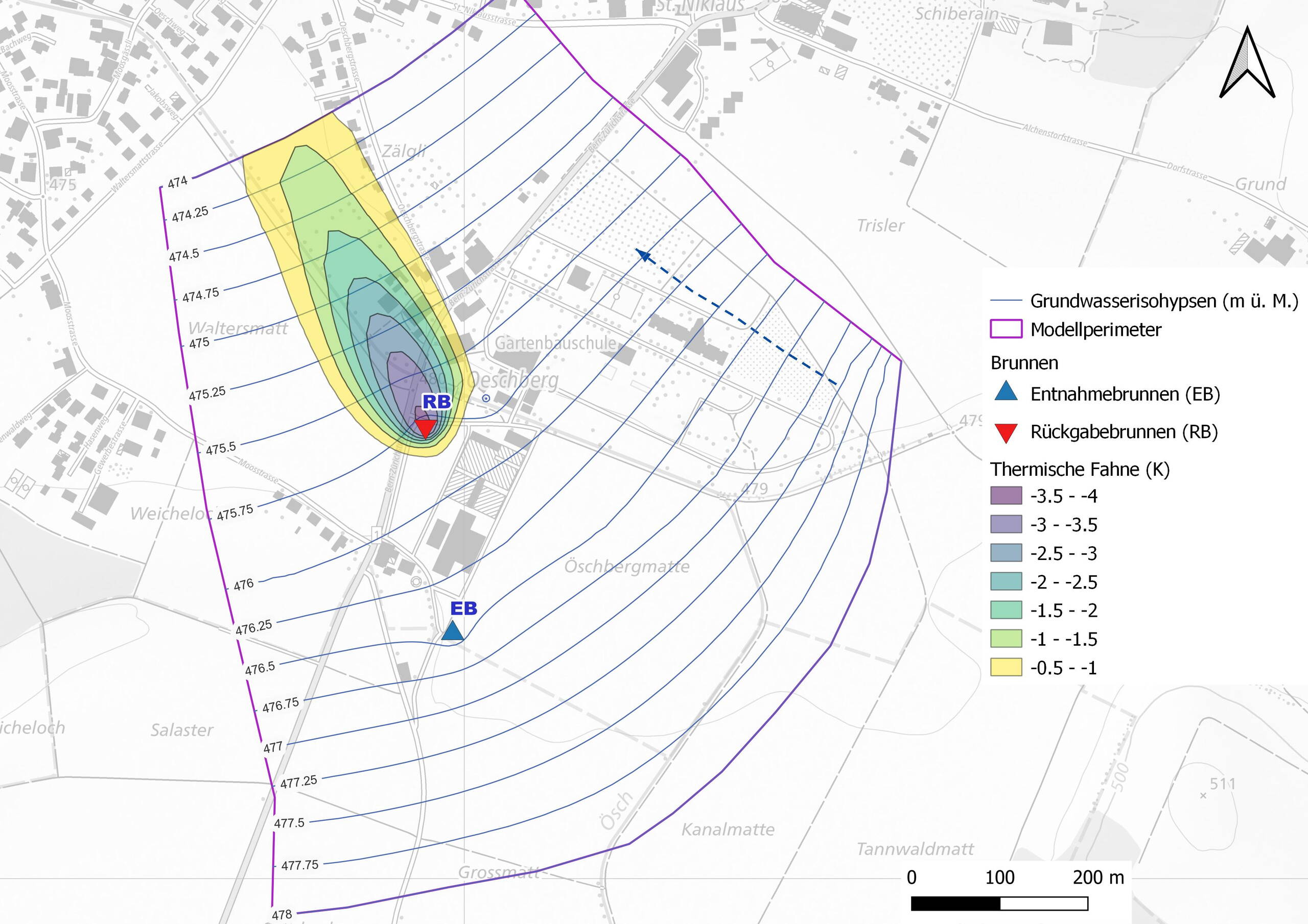 Hydrogeologische Vorerkundung  Thermische Kälte-Fahne bei der geplanten Grundwasserentnahmemenge im Grundwasserstrom im April nach 20 Betriebsjahren.