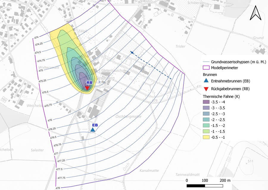Hydrogeologische Vorerkundung  Thermische Kälte-Fahne bei der geplanten Grundwasserentnahmemenge im Grundwasserstrom im April nach 20 Betriebsjahren.