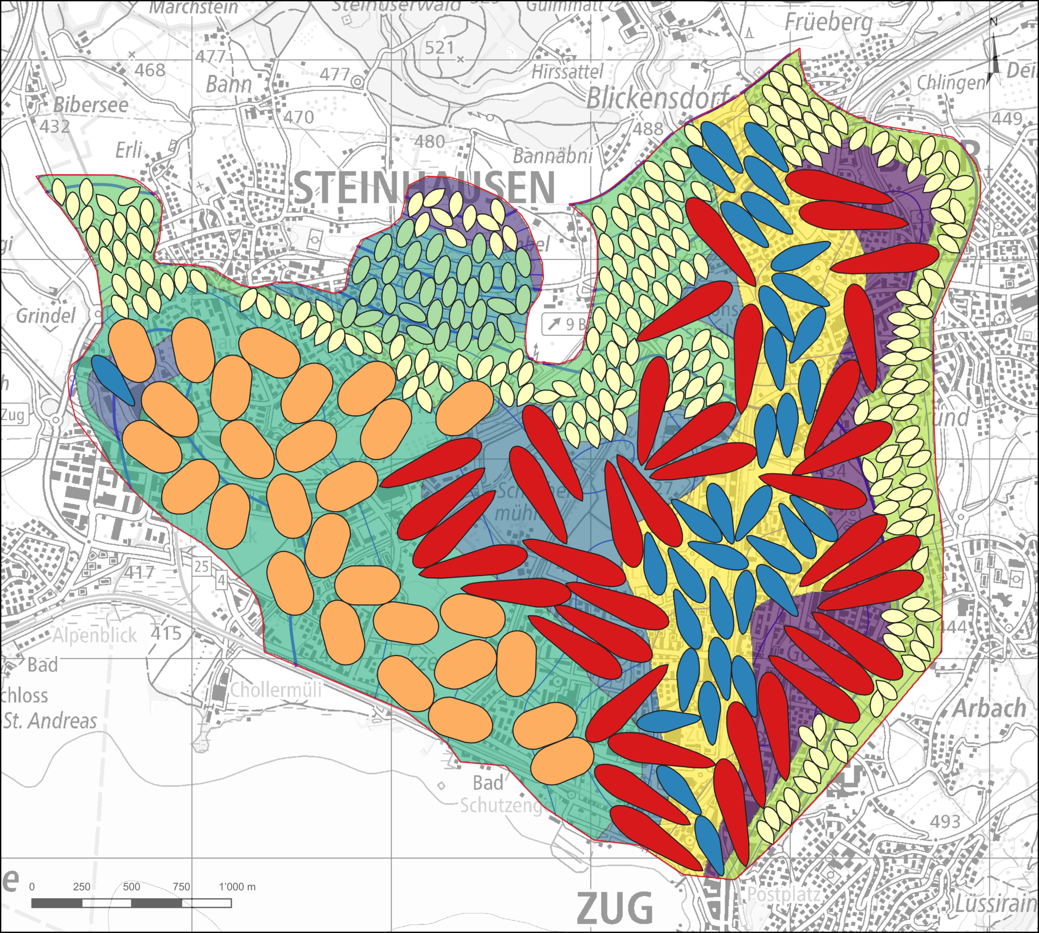 Ergebnisse des Packungsalgorithmus für die Platzierung von Doubletten-Brunnen für Mehrfamilienhäuser (Heizleistung 60 kW, ausgeglichenes Energielastprofil).  Ergebnisse des Packungsalgorithmus für die Platzierung von Doubletten-Brunnen für Mehrfamilienhäuser (Heizleistung 60 kW, ausgeglichenes Energielastprofil).