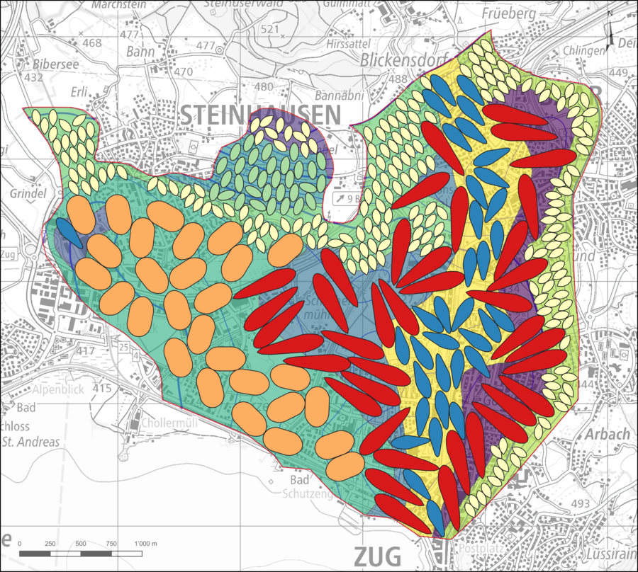 Ergebnisse des Packungsalgorithmus für die Platzierung von Doubletten-Brunnen für Mehrfamilienhäuser (Heizleistung 60 kW, ausgeglichenes Energielastprofil).  Ergebnisse des Packungsalgorithmus für die Platzierung von Doubletten-Brunnen für Mehrfamilienhäuser (Heizleistung 60 kW, ausgeglichenes Energielastprofil).
