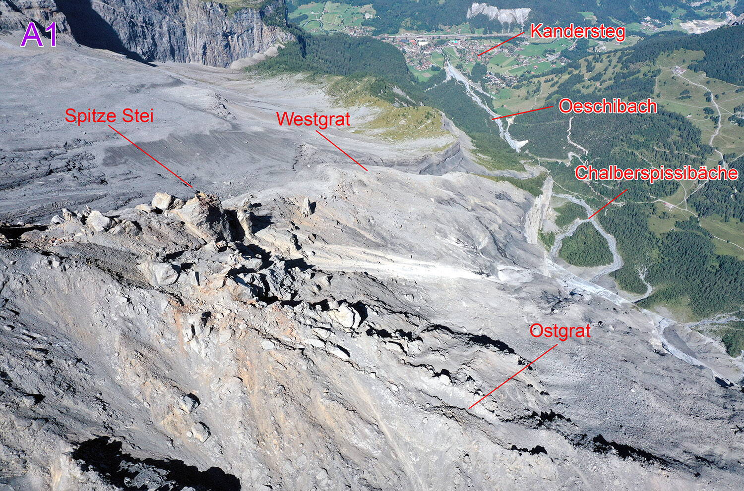 Image de drone du glissement au sud-est de l'arête. Image de drone du glissement au sud-est de l'arête.