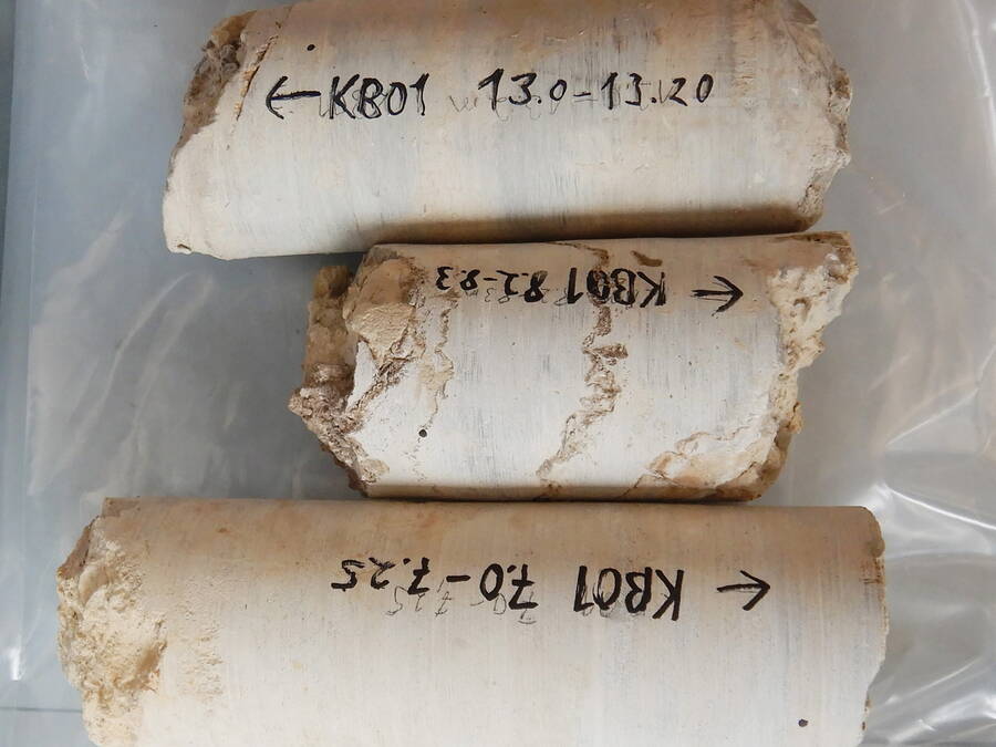 Sections sélectionnées de carottes soumises à un essai de compression uniaxial.