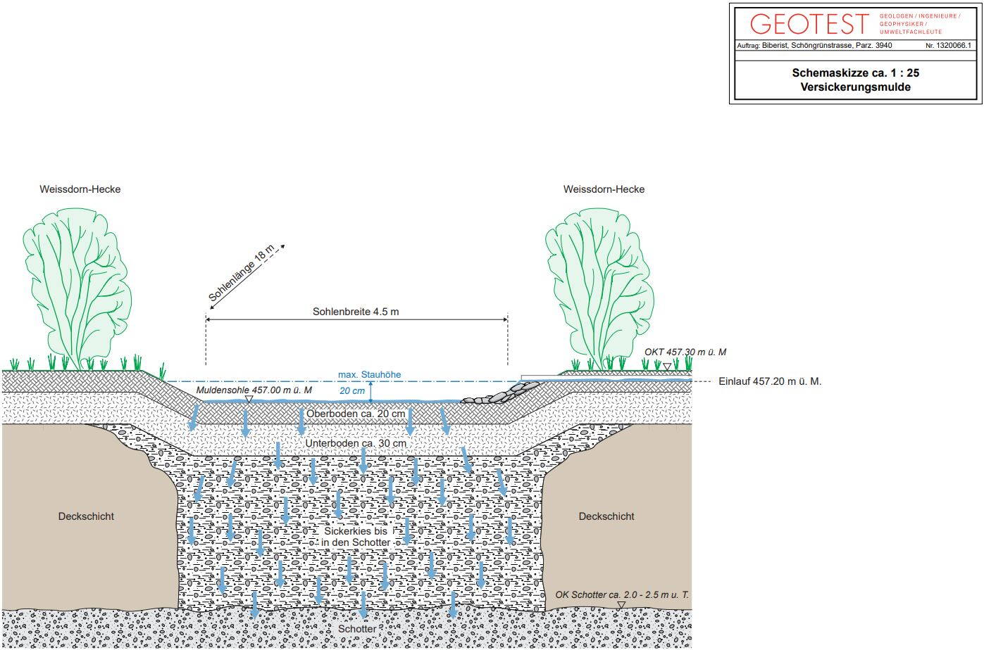 GEOTEST AG Schéma du bassin d’infiltration pour les eaux pluviales de l’un des bâtiments existants. Le bassin a été intégré dans l’aménagement paysager ; l’eau pluviale peut s’écouler vers le sous-sol perméable naturelle au travers d’un passage de gravier.