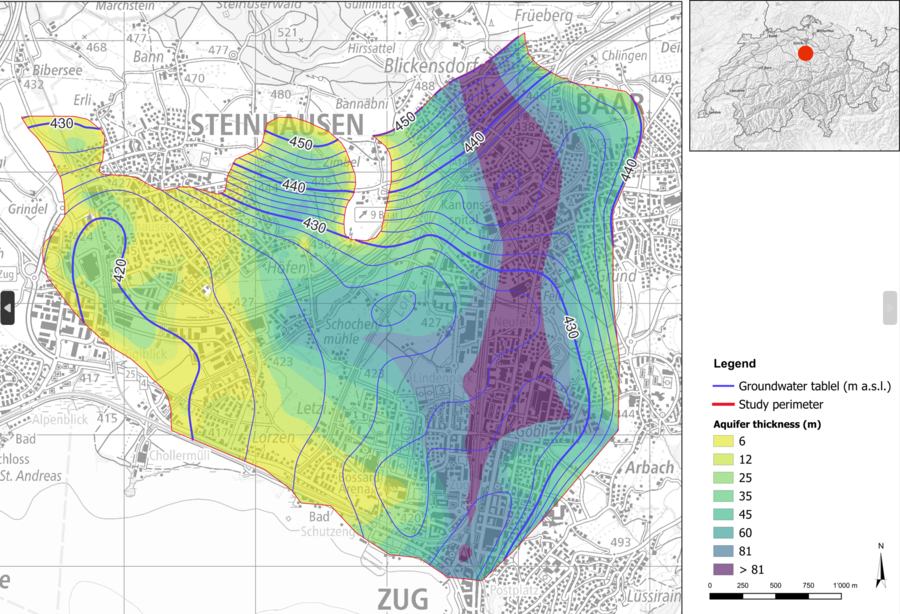 Grundwasserspiegel und Mächtigkeit des tiefen Grundwasservorkommens mit Untersuchungsperimeter.  Grundwasserspiegel und Mächtigkeit des tiefen Grundwasservorkommens mit Untersuchungsperimeter.