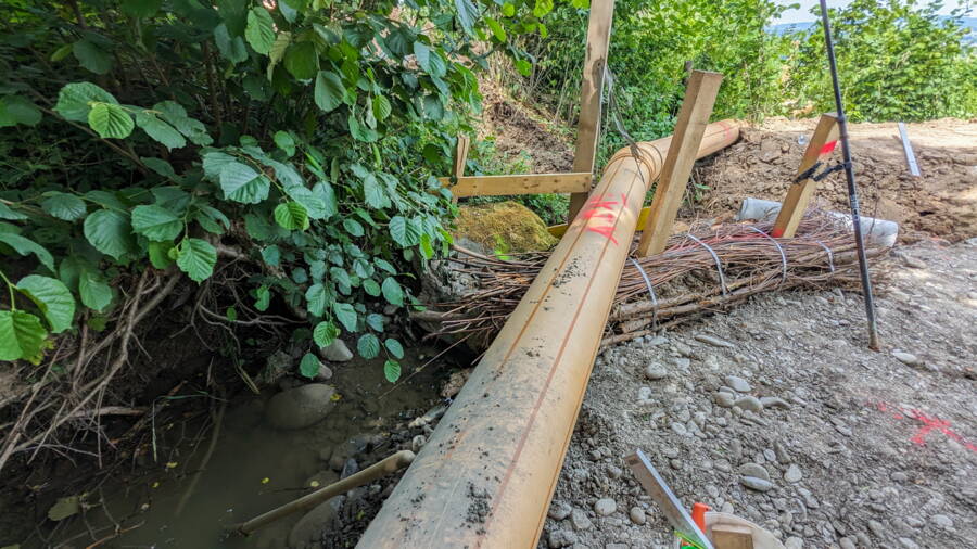 Pendant les travaux, l’eau a dû être captée dans une conduite et déviée. Le faisceau de bois, appelé fascine, protège la berge contre l’érosion et sert d’abri aux petits organismes. Pendant les travaux, l’eau a dû être captée dans une conduite et déviée. Le faisceau de bois, appelé fascine, protège la berge contre l’érosion et sert d’abri aux petits organismes.