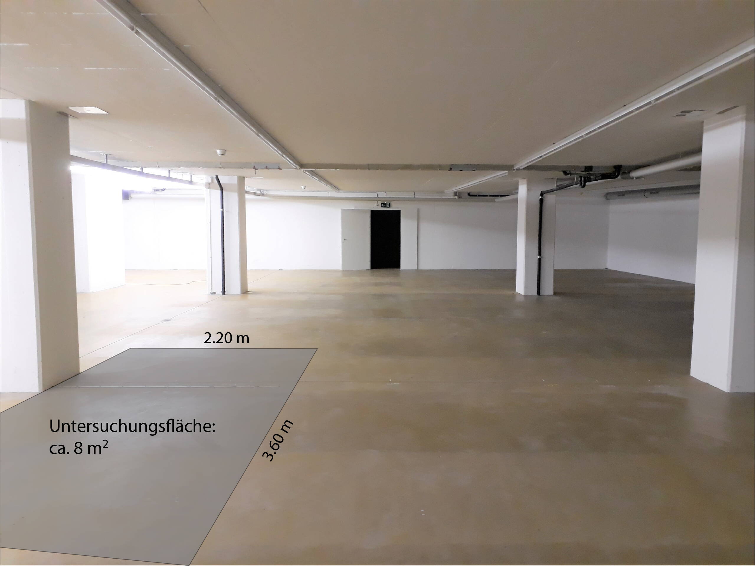Die 3D-Untersuchungsfläche im Stützenbereich der Decke. Die 3D-Messresultate umfassen die gesamte Deckenstärke von 30 cm. Die 3D-Untersuchungsfläche im Stützenbereich der Decke. Die 3D-Messresultate umfassen die gesamte Deckenstärke von 30 cm.