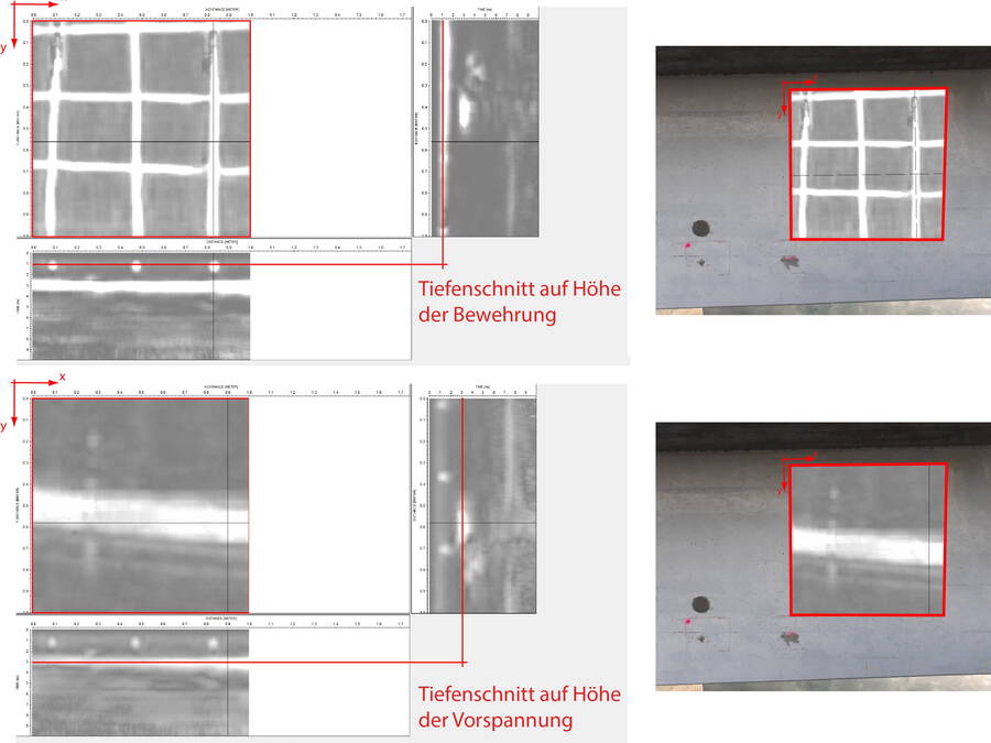 Die Datenaufnahme erfolgt entlang eines regelmässigen Messrasters (10x10cm). Die Resultate der unterschiedlichen Tiefenschichten mit schlaffer Bewehrung (vorne) und Vorspannkabel (hinten). Die Datenaufnahme erfolgt entlang eines regelmässigen Messrasters (10x10cm). Die Resultate der unterschiedlichen Tiefenschichten mit schlaffer Bewehrung (vorne) und Vorspannkabel (hinten).